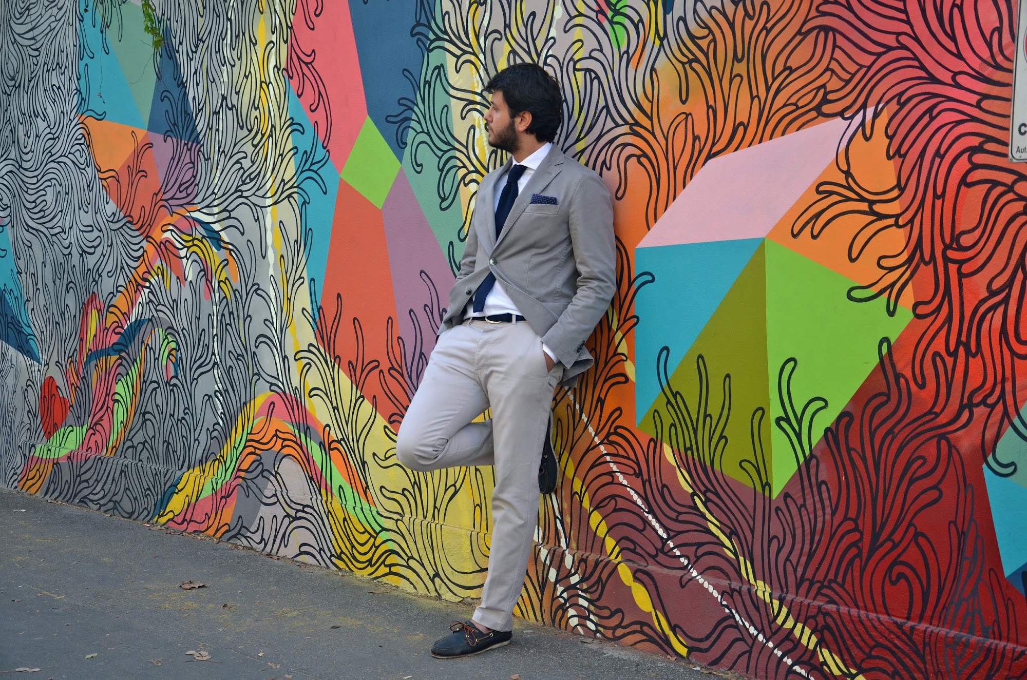 Grey Blazer & Navy Blue Knit Tie